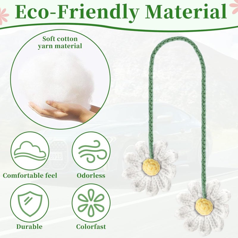 ecocstm 2 PCS Crochet Daisy Car Accessories for Women, Car Rearview Mirror White Flower Hanging Accessories, Handmade Cute Cars Accessory for Women Aesthetic, Cars Interior Decor Accessory Gift (White) - Image 5